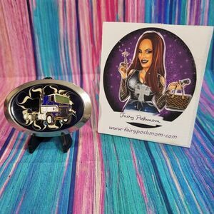 🔷️International Tractor Trailer on Blue Epoxy Belt Buckle